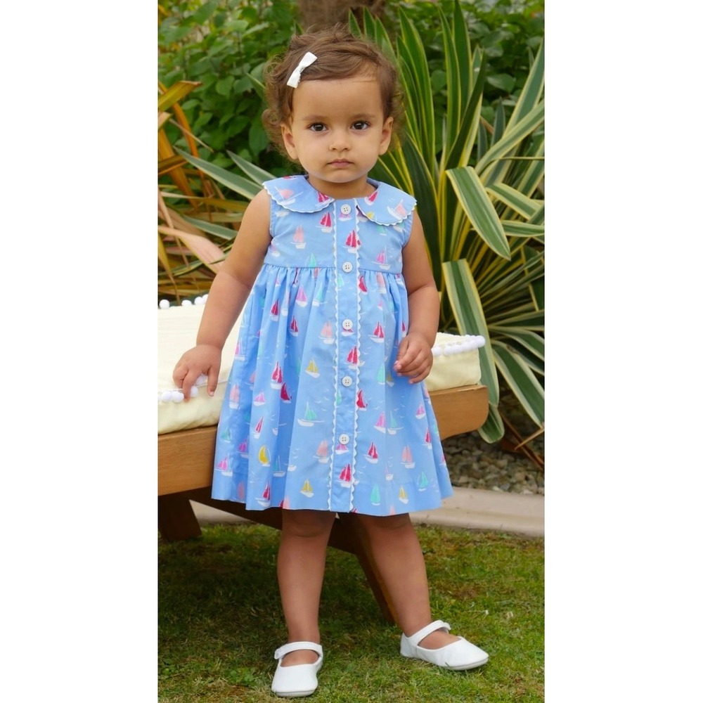 Rachel Riley‎ Baby Girl Sailboat Print Cotton Dress Blue Peter Pan Collar 6M